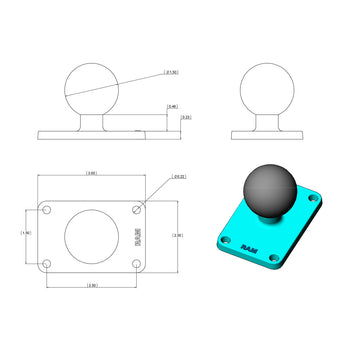 RAM-202U-23:RAM-202U-23_2:RAM Ball Base with 1.5" x 2.5" 4-Hole Pattern - C Size