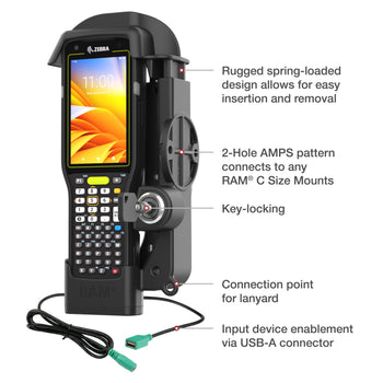 RAM-HOL-ZE33PDLU:RAM-HOL-ZE33PDLU_5:RAM Locking Powered Dock + Single USB-A for Zebra MC3300/3400/3450